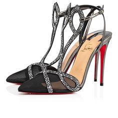 The Double L Pump Strass court shoe plays on transparency and features two narrow crossed straps in the shape of a stylised L covered in strass and with a delicate ankle strap. This suede and silver specchio shoe is emblematic of Maison Christian Louboutin expertise and sits above a 100 mm heel and is highlighted by its pointed mesh toe. Louboutin Online, Party Pumps, Closed Toe Sandals, Black Fishnets, Patent Heels, Crystal Shoes, Evening Sandals, Evening Shoes, Footwear Design Women