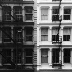 two black and white buildings side by side with fire escapes on the second story windows