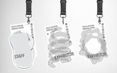 three tags with the words exhibit and an exhibitor attached to each one