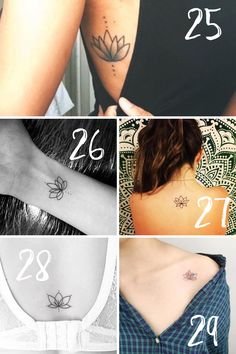 four different tattoos on the back of women's neck and arm, with numbers in them