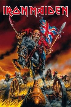 an iron maiden album cover with a skeleton riding on a horse and holding a flag