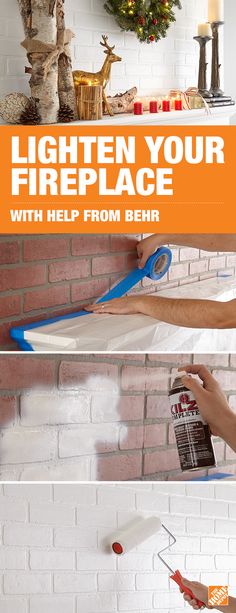 a man is painting a brick wall with white paint and orange lettering that says, lighten your fireplace with help from beer