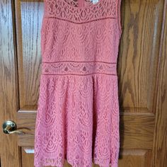 Lace Coral Dress Nwt Pink Lace Dresses For Spring, Cute Pink Lace Mini Dress, Pink Lace Sundress, Peach Sleeveless Lace Dress, Pink Lace A-line Mini Dress, Coral Pink Dress, Three Hearts, Coral Lace, Coral Dress