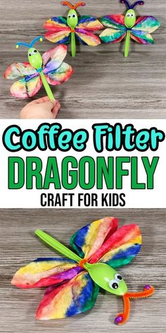 coffee filter dragonfly craft for kids with text overlay that reads coffee filter dragonfly craft for kids