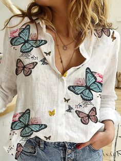 Lasaky - Womens Plus Size Butterfly Print Long Sleeve Button-Up Blouse with Lapel Collar - Stylish and Comfortable High Stretch Casual Shirt Butterfly Shirts, Casual Blouse, Plus Size Casual, Butterfly Print, Lapel Collar, Long Sleeve Casual, Shirt Top, Shirts & Tops, Plus Size Tops