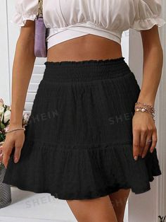 Style:Casual \nType:Flared \nDetails:Frill \nDetails:Shirred \nColor:Black \nWaist Line:High Waist \nLength:Short \nFit Type:Regular Fit \nFabric:Non-Stretch \nMaterial:Woven Fabric \nComposition:100% Polyester \nCare Instructions:Machine wash or professional dry clean \nSheer:No \n Color Textures, A Line Skirt, Ruffle Hem, No Frills, Summer Casual, A Line Skirts, Woven Fabric, Style Casual, Elastic Waist