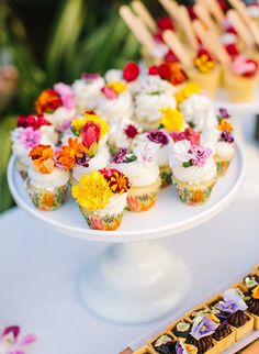 several cupcakes on a white plate with colorful flowers and wooden skewers