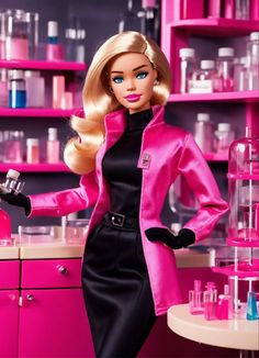 a barbie doll standing in front of a pink shelf with lots of bottles and containers