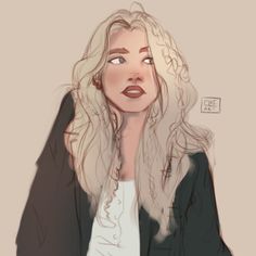 a drawing of a woman with long blonde hair wearing a black jacket and white shirt