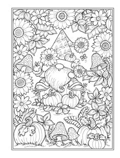 an adult coloring page with pumpkins, flowers and other things in the background that are black and white