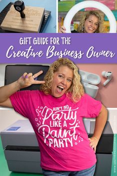 a woman in a pink shirt with the words gift guide for the creative business owner