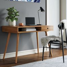 Wood Mid-Century Writing Desk with Drawer Acacia Small Home Office Desk, Small Writing Desk, Modern Bureau, Modern Home Office Desk, Storage Cubby, Writing Desk Modern, Wood Computer Desk, Writing Desk With Drawers, Home Office Computer Desk