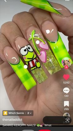 Sanrio Frog Nails, Keroppi Acrylic Nails, Sanrio Nails Keroppi, Sanrio Nails Art, Character Nail Art Designs, Cute Frog Nails, Keroppi Outfit, Sanrio Nails Acrylic, Keroppi Nails