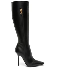 Versace puts its mark on these boots: note the iconic gold-tone Medusa ‘95 hardware that decorates the side. They’re crafted from glossy black leather to a knee-high silhouette. Made in Italy ESTIMATED DELIVERY Jan 23 - Jan 30 Luxury Business Heeled Boots With Sculpted Heel, Luxury Black Knee-high Boots, Luxury Heeled Boots With Sculpted Heel For Business, Luxury Calf Leather Knee-high Boots For Business, Luxury Leather-lined Knee-high Boots For Evening, Luxury Knee-high Boots With Leather Lining For Evening, Luxury Knee-high Boots With Reinforced Heel For Formal Occasions, Luxury Knee-high Boots With Reinforced Heel For Formal Events, Luxury Formal Knee-high Boots With Reinforced Heel