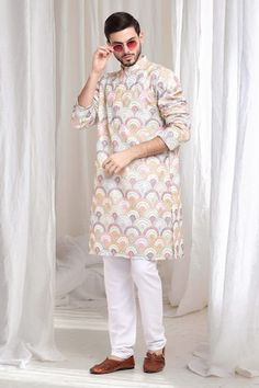 Ivory kurta with multi color sequins and thread embroidery. Paired with solid churidaar. - Aza Fashions Kurta Patterns, Band Collar, Full Sleeve, Aza Fashion, Custom Made, Multi Color, Types Of Sleeves, Collar, Embroidery