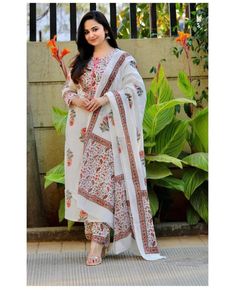 White Viscose Block Print Suit Set with Chanderi Cotton Dupatta Block Printed Suits, White Kurta, Cotton Dupatta, Straight Kurta, Kurta With Pants, Summer Suits, Viscose Fabric, Suit Set, Pant Set