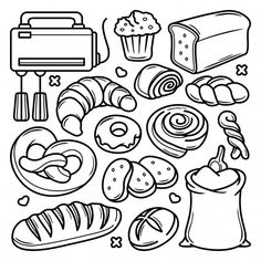 a black and white drawing of different types of bread, pastries, and other food items