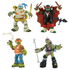 teenage mutant ninja action figures are shown in three different poses