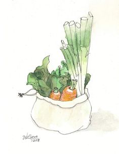 a drawing of carrots and greens in a bag