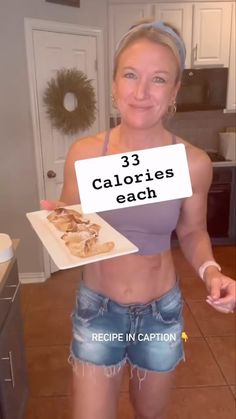 a woman holding a plate with some food on it and the caption reads 3 calories each recipe in caption