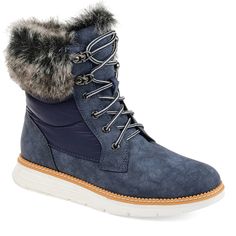 New In Box Size 7 Cute Journee Collection Winter Boots In Dark Navy Blue With Faux Fur Gray Collar And Full Lace Up Front. Cognac Detail Trim And White Soles! Super Cute And Comfy, Waterproof And Warm! Similar To Steve Madden, Sorel, Ll Bean, Merrell, Aldo, Bcbg, The North Face, Guess, Michael Kors, Frye, Lulus, Sorel Warm Winter Boots, Shoe Last, Wide Fit Boots, Journee Collection, Winter Shoes, Buy Shoes, Short Boots, Lace Boots, Lace Up Shoes