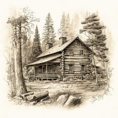 a drawing of a log cabin in the woods