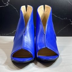 New Without Box Blue Leather Wedge Heels, Blue Heels With Stacked Heel And Medium Width, Blue Slip-on Heels, Blue Leather Ankle Boot Heels, Womens Wedges, Ankle Bootie, Womens Shoes Wedges, Ankle Booties, Bootie