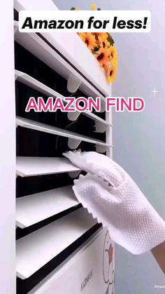 an advertisement for the amazon find appliance with gloves on it and pizza being taken out of the oven