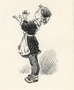 a black and white drawing of a child holding an object in his hand with one hand