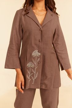 Coat Shirt Woman, Coats Set For Women, Chord Sets Designs, Coat Set Design For Women, Cotton Cords Set, Coordsets For Women Indian, Latest Co Ord Set Designs, Brown Co Ord Set, Embroidered Co Ord Sets