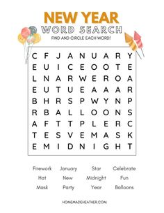 the new year word search is shown in this printable activity sheet for kids to learn how