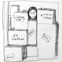 a black and white drawing of a person sitting in a pile of boxes with signs on them