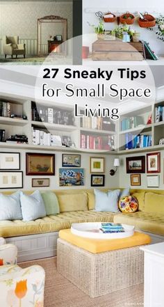 small space living room with bookshelves and couches