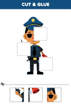 the cut and glue police man is shown in this graphic art workbook for kids