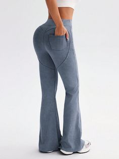 Women High Waist Yoga Pants Bootcut With Pockets Stretch Workout Running Pants Flared Casual Trousers Blue    Fabric Letter,Plain Flare Leg Medium Stretch All Women Activewear, size features are:Bust: ,Length: ,Sleeve Length: Flare Jeans Style, Stretch Workout, Sports Pants Women, Yoga Pants With Pockets, Casual Sweatpants, High Waist Yoga Pants, Running Pants, Casual Trousers, Sport Pants