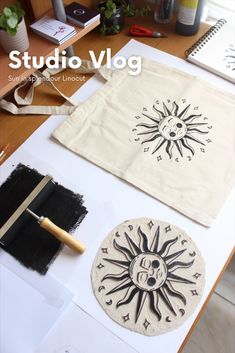 Silent Vlog / ASMR - Linocut carving and printing Tote Bag of the Sun in Splendor - Vintage Sun with Face, Mystic Sun DIY Linocut On Clothes, Lino Printing On Fabric, Linocut Tote Bag, Lino Print Tote Bag, Block Print Tote Bag, Linocut Diy, Lino Printing Ideas, Block Printing Ideas Design, Diy Block Printing