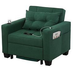 a green chair with a remote control hooked up to it