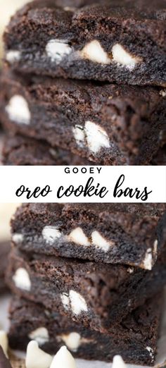 two pictures of cookies and marshmallows on top of each other with the words gooey oreo cookie bars above them