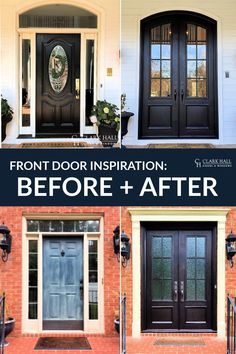 front door installation before and after with black double doors, sidelights and brick steps