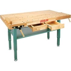 a workbench with two drawers on each side and one drawer open to show tools