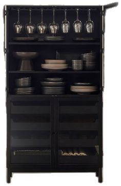 a black cabinet with dishes and cups on it's shelves, against a white background