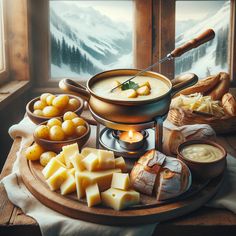 an assortment of cheeses and other foods on a wooden platter in front of a window