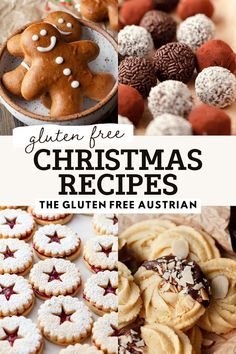 the gluten free christmas recipe is shown with cookies and other holiday desserts