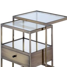 a glass and metal end table with drawers