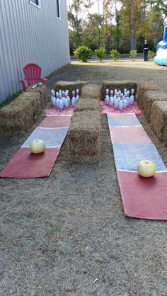 some hay bales with bowling balls on them