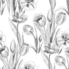 black and white drawing of flowers on a white background