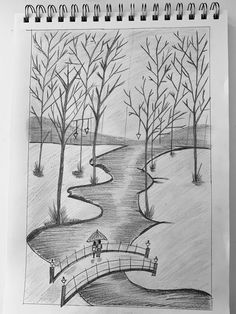 a pencil drawing of a landscape with trees and a person on a bridge over a river