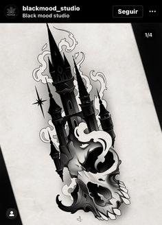 a black and white drawing of a castle with a dragon on it's side