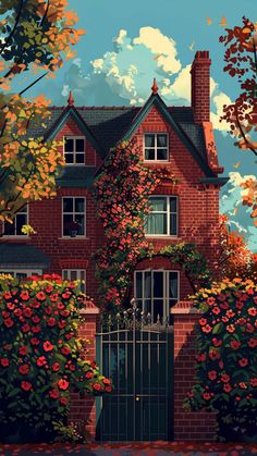 a painting of a red brick house surrounded by trees and flowers with an iron gate