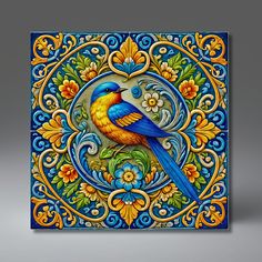 a blue and yellow tile with a bird on it